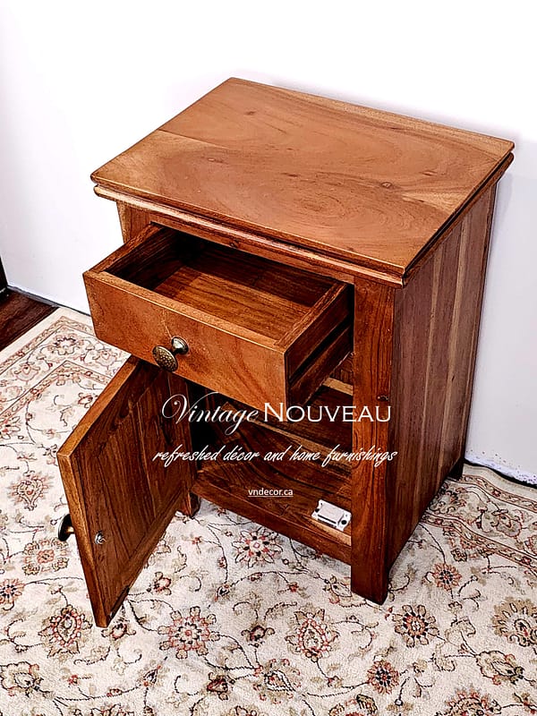 acacia nightstand top with drawer and door open