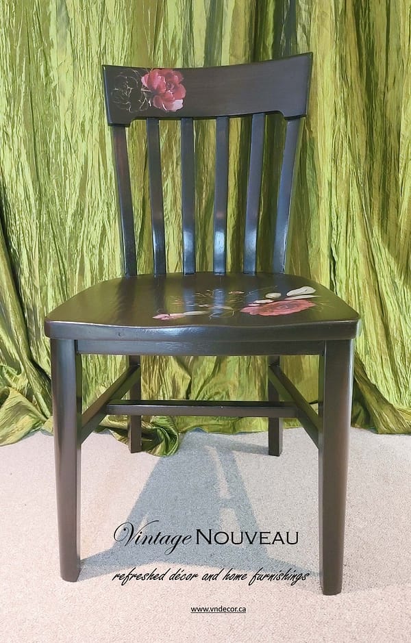 Dark Floral Solid Oak Vintage Chair - Image 3