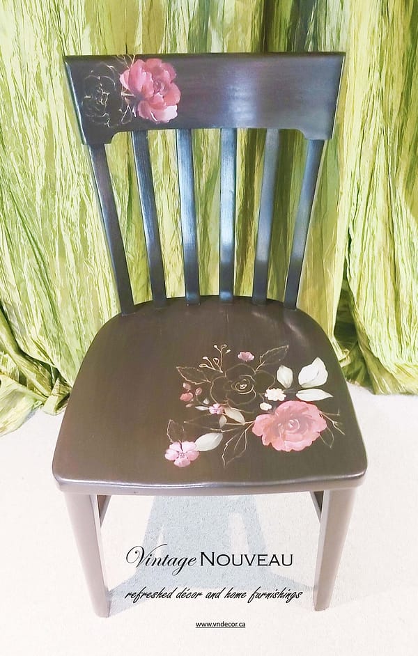 Dark Floral Solid Oak Vintage Chair - Image 2